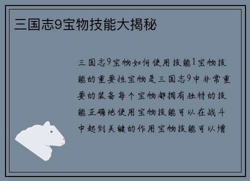 三国志9宝物技能大揭秘